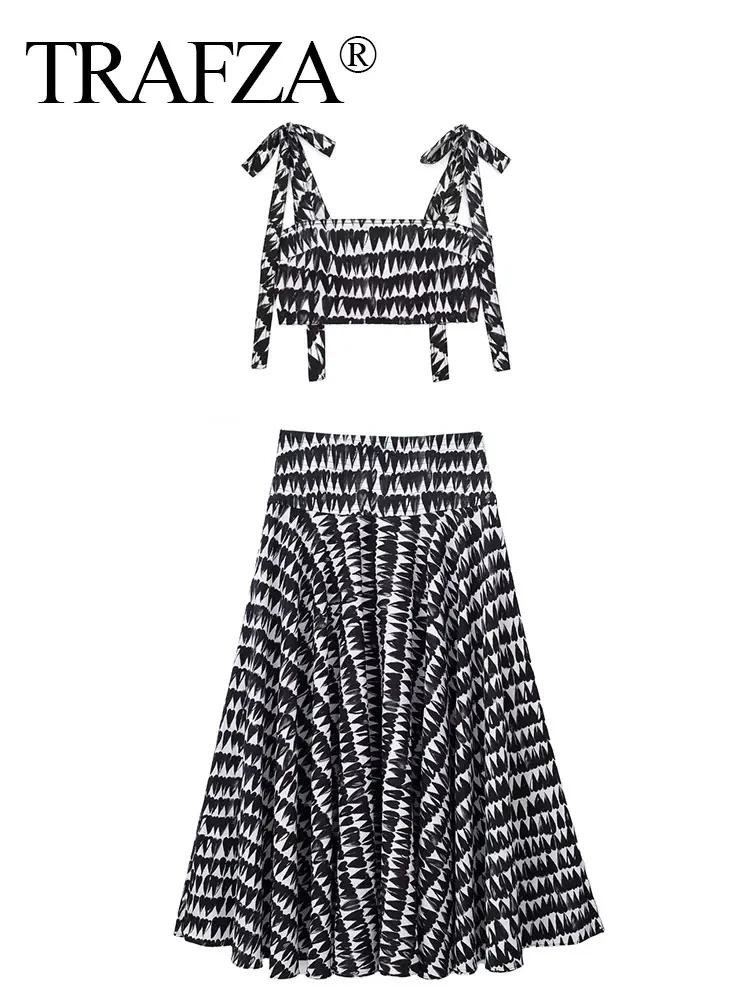 TRAFZA 2024 Vintage Women Print Camisole Skirts Suit Sexy Backless Sleeveless Slim Corset Crop Top+Midi Skirt Streetwear Sets