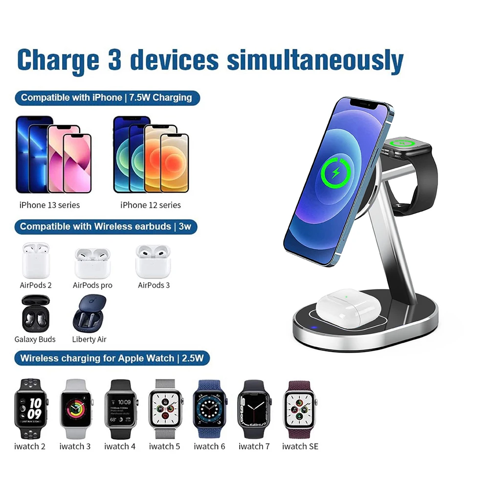 3 in 1 Wireless Charger Stand For Apple Airpods iPhone Samsung Galaxy Watch 4 Active 2/1 15W Fast Charging Dock