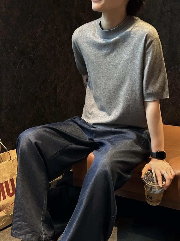 

Cool Feeling Ice Silk Knitted ort Sve Men's T-irt Elastic Pure Color Couple f Sve Summer Breathable Stand Fit