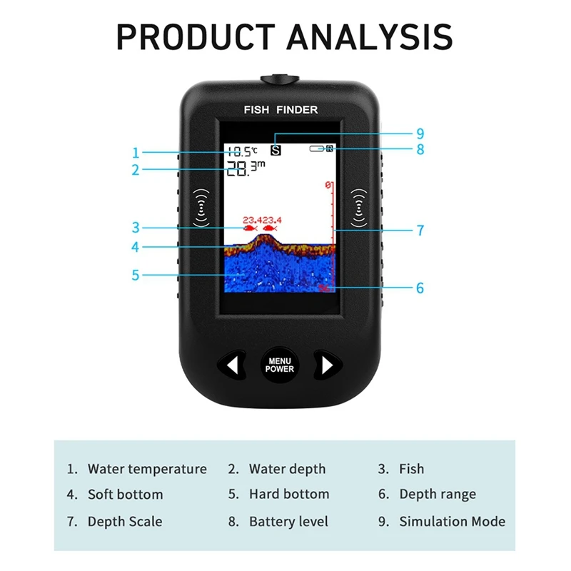 Portable Fish Finder Water Depth Sounder Temperature Fishfinder With Wire Sonar Sensor Transducer For Fishing Black