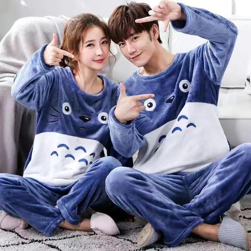 Unisex Flannel Sleepwear New Women Men Winter Warm Fleece Couples Pajamas Set Lovers Nightgown Cute Cartoon Pijamas Home Clothes