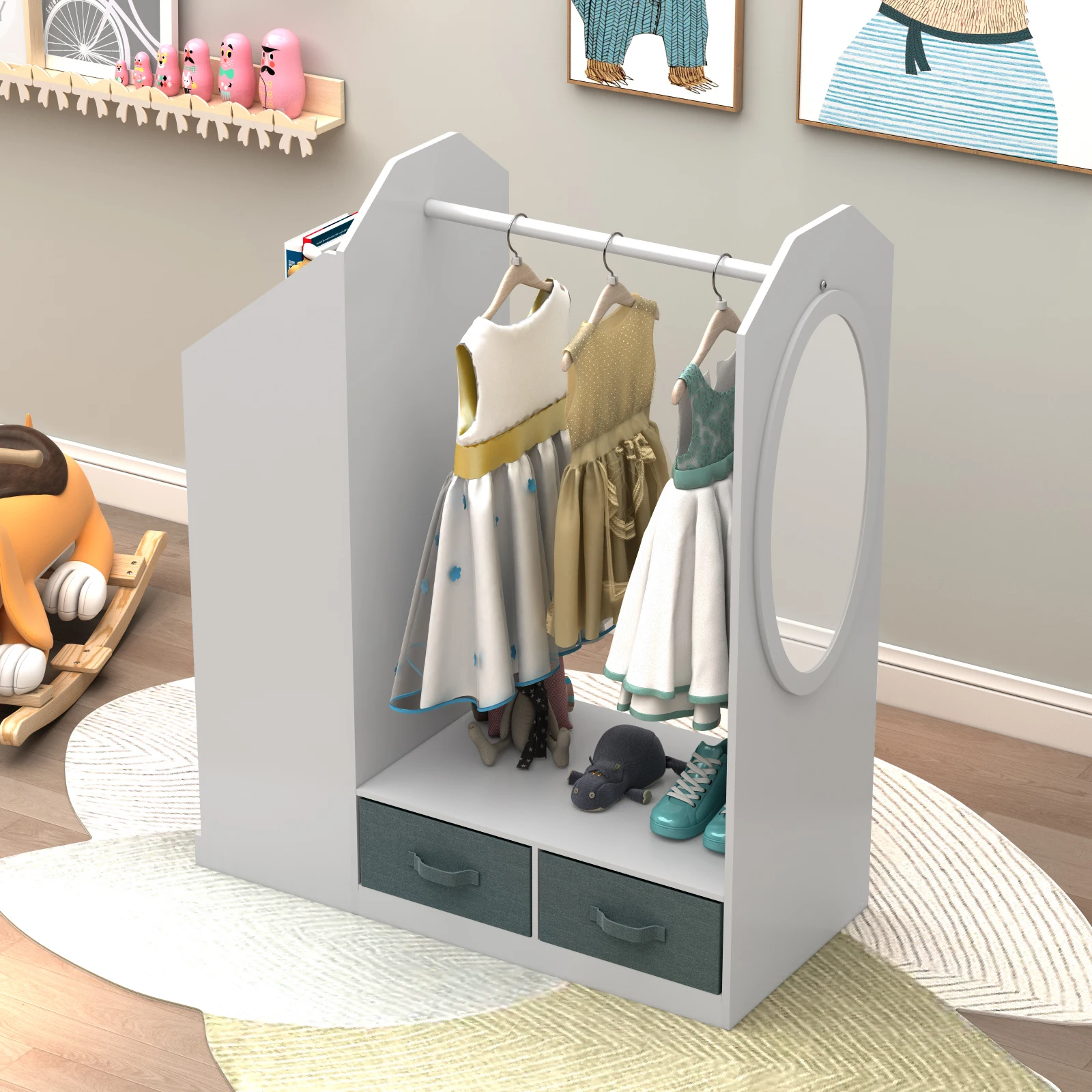 

Kids Costume Organizer、 Costume Rack、Kids Armoire、Open Hanging Armoire Closet with Mirror-WHITE