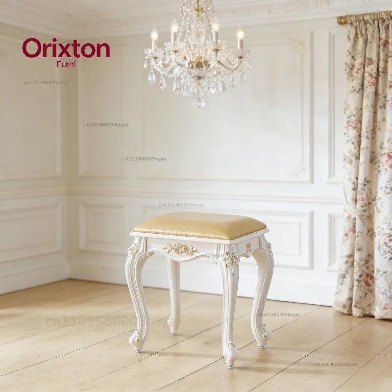 European Style Vanity Stool with Carved Wood Frame, Ornate Floral Accents,  Accent Chair for Bedroom, Dressing Room