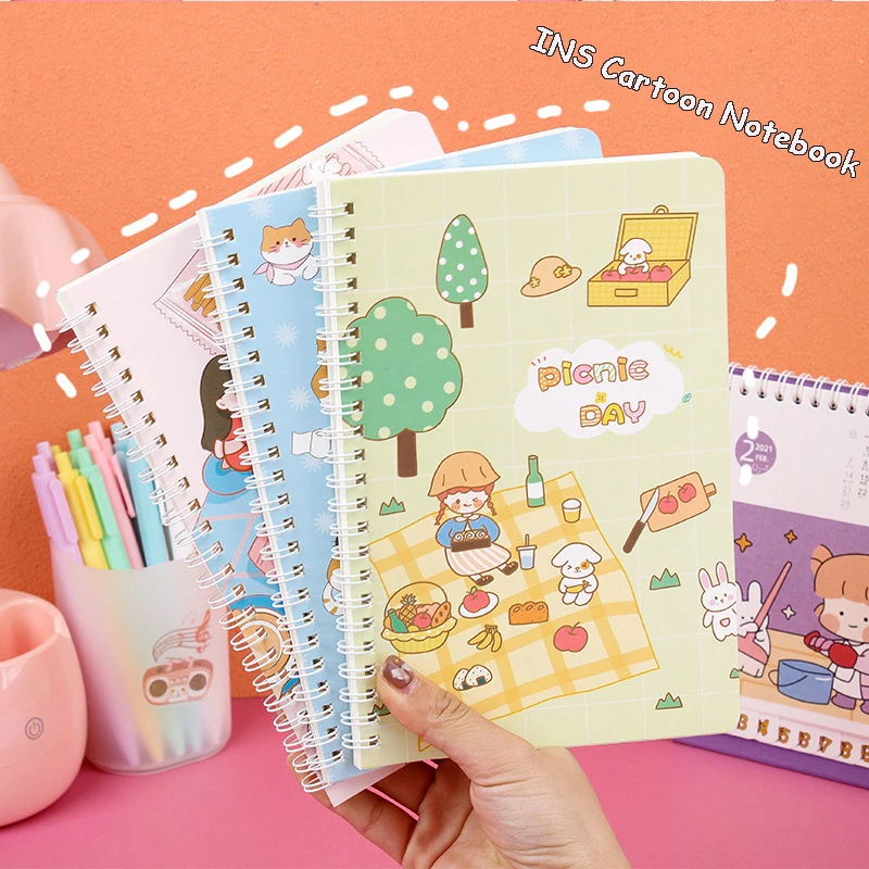 CHEN LIN A5 Cute Cartoon Coil Notebook Binder Spiral Coil Book Cartoon 60Sheet Thicken Notepad Girl Heart Student Diary Notebook