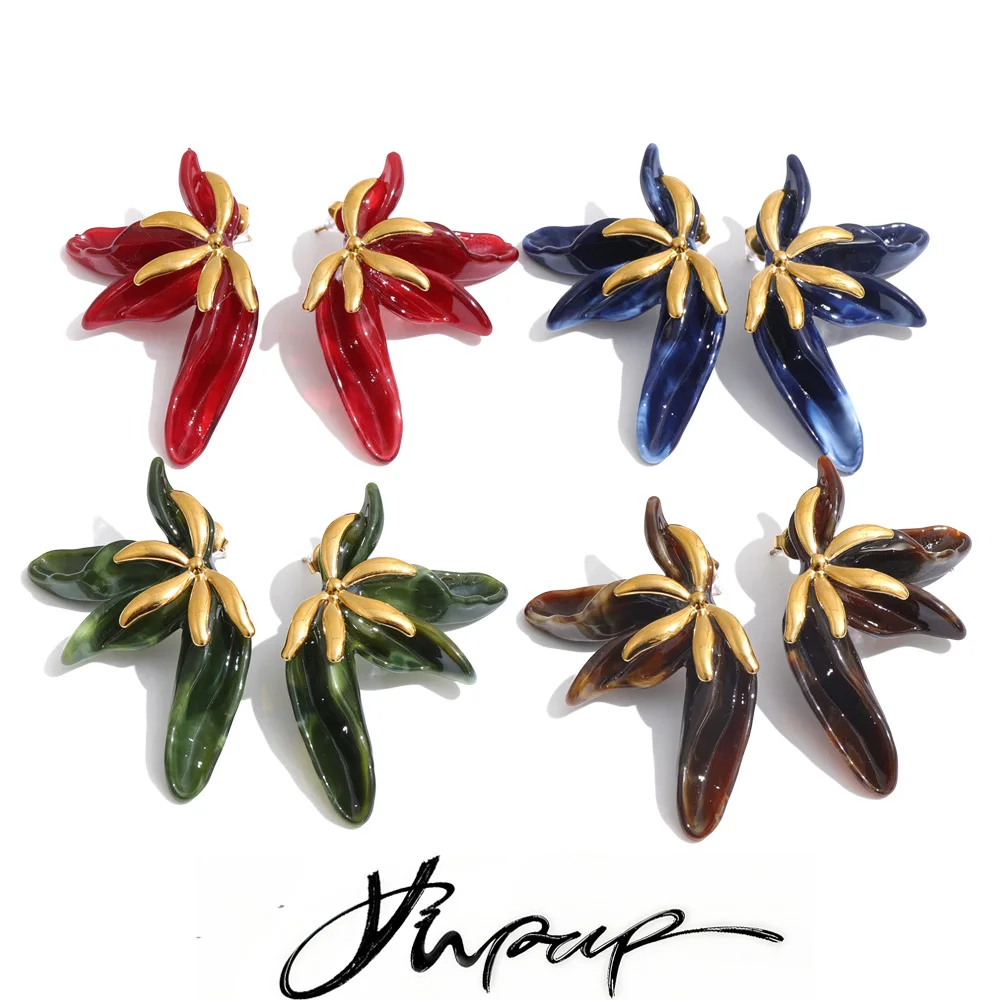 Yhpup New Arrivals Acrylic Resin Flower Stud Earrings 18K Gold Color Stainless Steel Autumn Winter Exclusive Jewelry