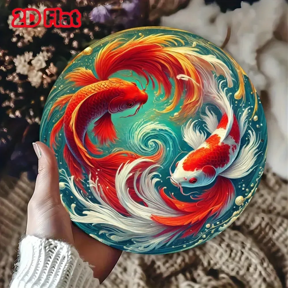 Placa de metal vintage, letrero de estaño de pez Koi de la suerte de metal vintage, decoración de pared de hierro auspiciosa para el hogar, la oficina con arte oriental