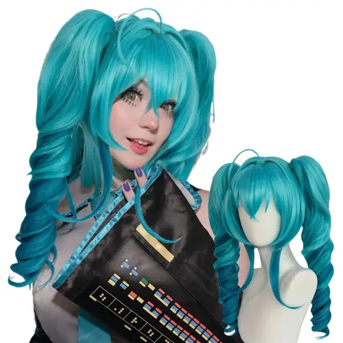 Peluca sintética de alta calidad con cola de caballo doble degradado azul, peluca de cola de caballo en espiral para cantante virtual, peluca para reality show