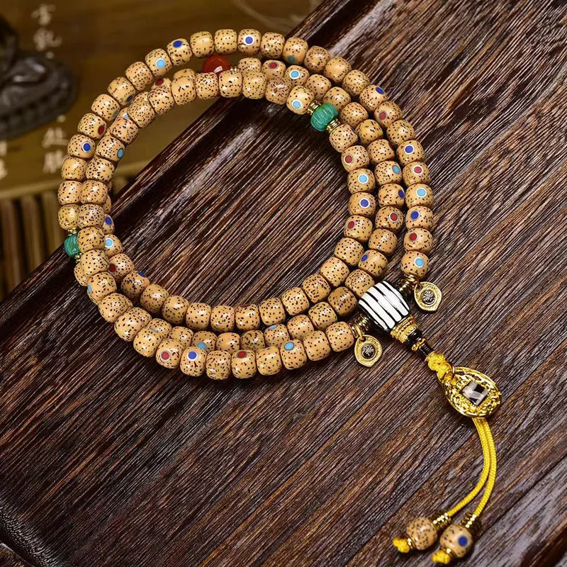 Natural Open Star Moon Bodhi Seed 108 Beaded Rosary Text Play Multi-circle Hand String Turquoise Agate Buddha Beads Accessories