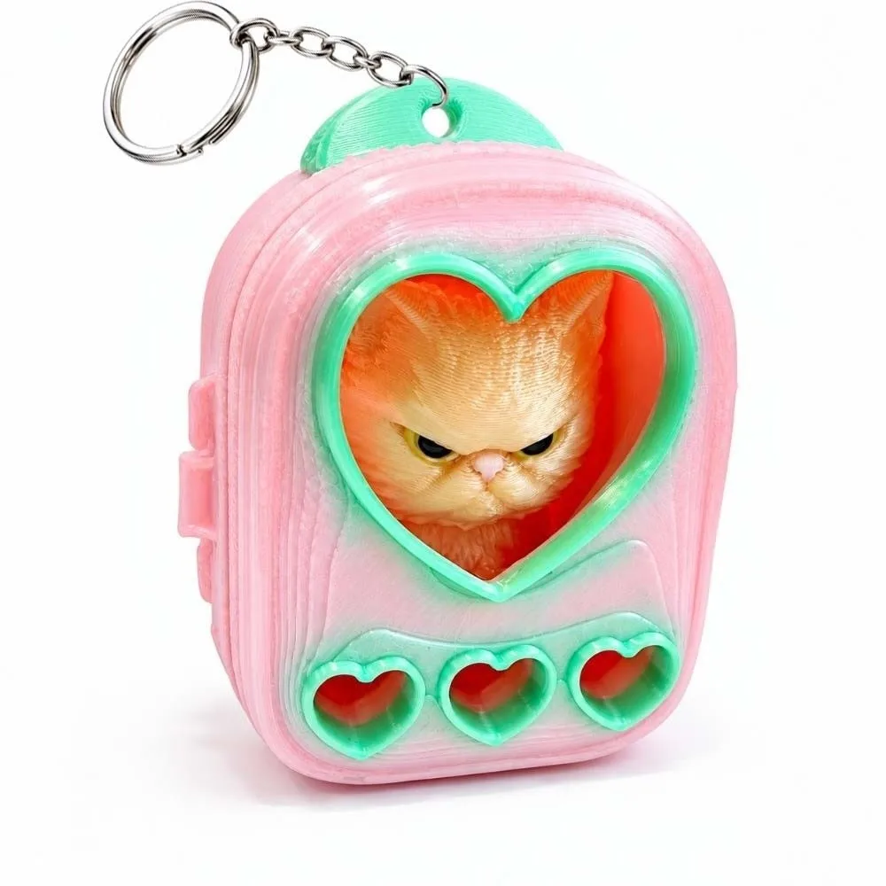 PLA 3D Printed Keychain Lightweight Build Vibrant Shades Mini Backpack Pendant Smooth Finish Rigid Shell Micro Kitten Bag