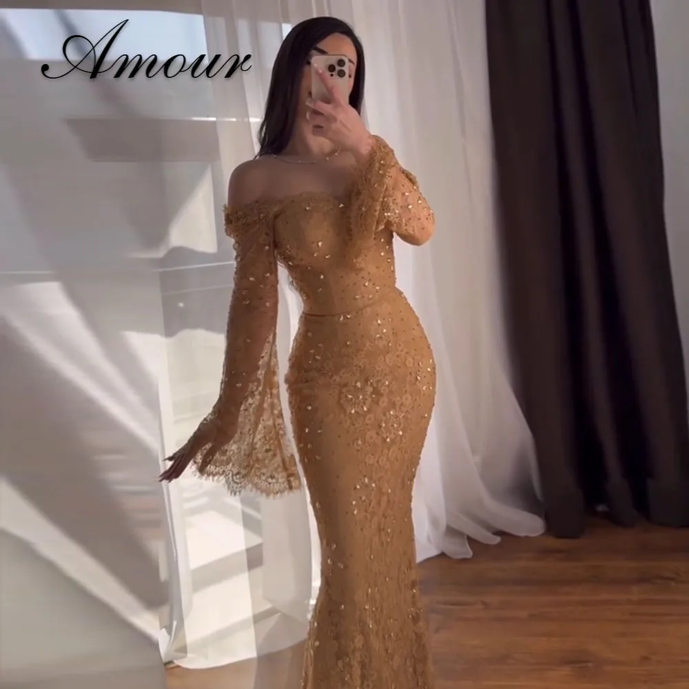 Amour Maßgeschneiderte Luxus-Abendkleider mit saudi-arabischer Perlenstickerei, schulterfreies Meerjungfrauen-Partykleid mit Herzausschnitt, Vestidos De Fiesta