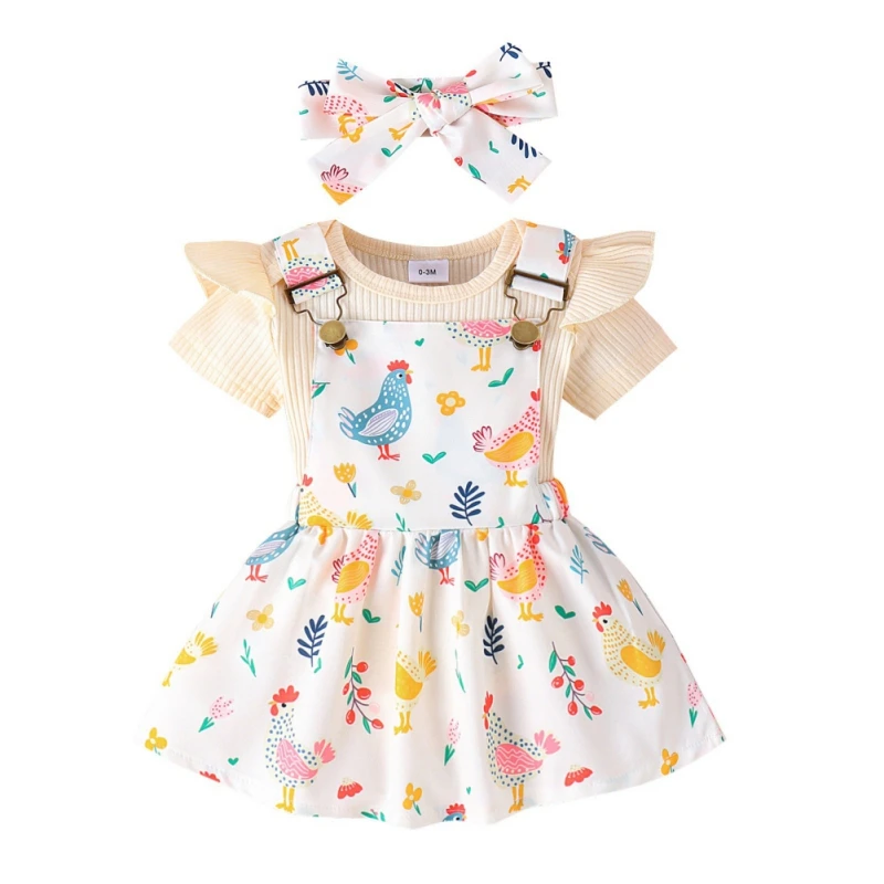 

3PCS/Set Infant Baby Girls Clothes Suits Solid Short Sleeve Jumpsuit+ Printed Strap Skirt + Bowknot Headband Toddler Sets 3-18M