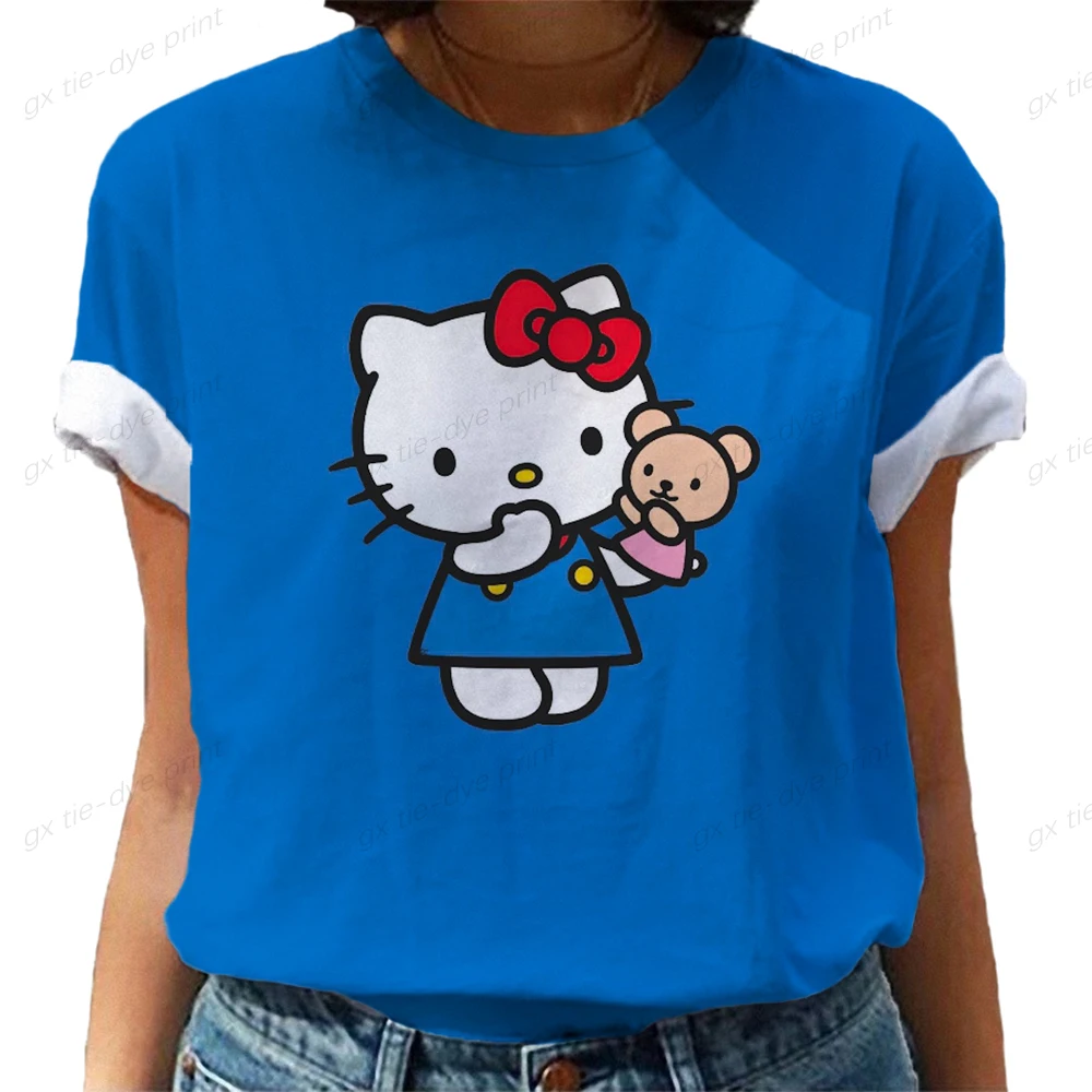

Женская футболка с коротким рукавом Hello Kitty, очаровательные одинаковые принты, мягкая ткань, модная повседневная милая летняя одежда для влюбленных