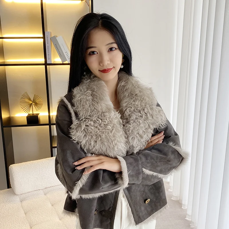 

Purple Rabbit Fur Lining Fur One Coat Women's Short Winter Beach Wool Lapel Fur Biker Jacket Top