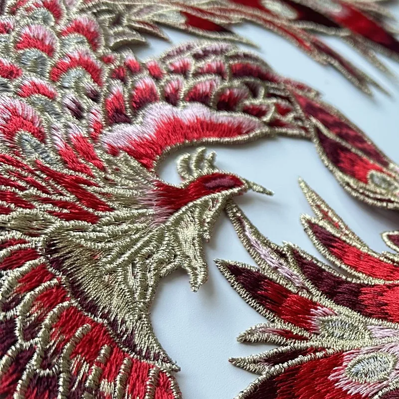 Have One Pair Chinese Style Red Phoenix Bird Sew On Embroidery Patches For Clothing Dress Applique Decoration DIY