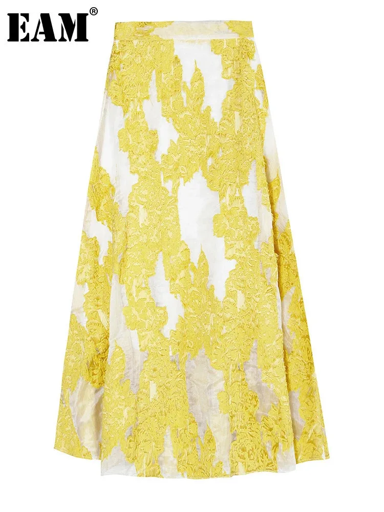 

[EAM] High Waist Yellow Mesh Embroidery Elegant A-line Half-body Skirt Women Fashion Tide New Spring Autumn 2024 1DH5649