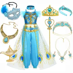 Disney Jasmine Princess Dress for Girl Two-piece Set With Headband Dress Birthday Party Carnival Cosplay Aladdin Agic Lamp