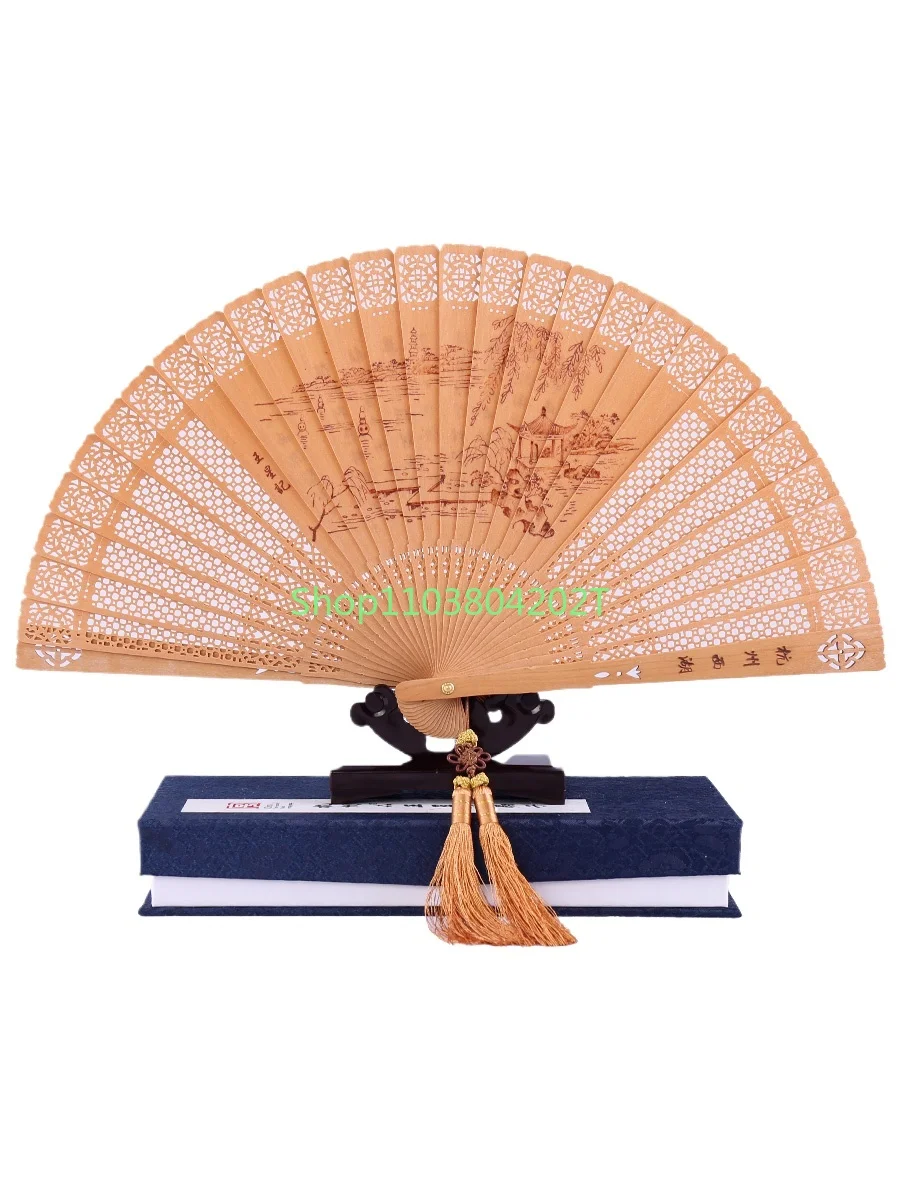 Sandalwood Folding Fan Chinese Style Women's Gift Archaic Folding Fan Hollow Carved Hot Printed Pattern