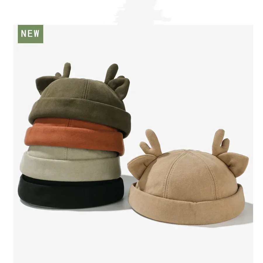 Cute Antlers Melon Hat Children Autumn New Wild Yuppie Landlord Cap Fashion Street Hip-hop Hat Adjustable Brimless Penny Cap