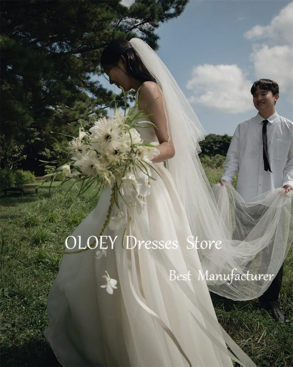 OLOEY-vestido de novia de color marfil, sin mangas, con cuello Halter, sesión de fotos de Corea, Organza sedosa, plisado, largo hasta el suelo, hecho a medida