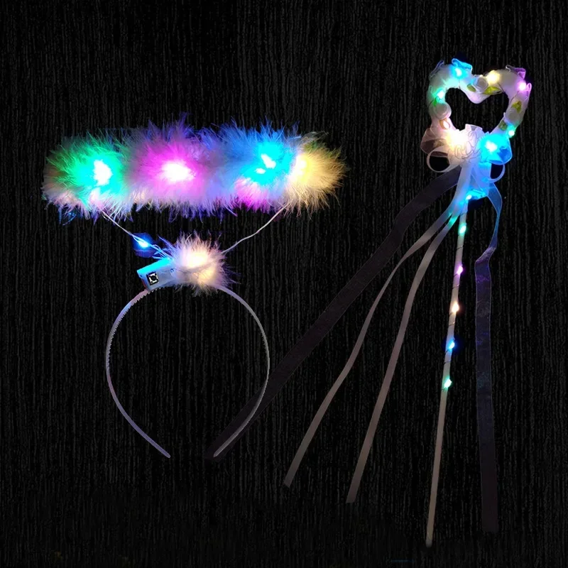 

Kids Adults White Pink Light Up Flashing Feathers Magic Wand Sticks Angel Halo Headband Costume Accessories Wedding Festival