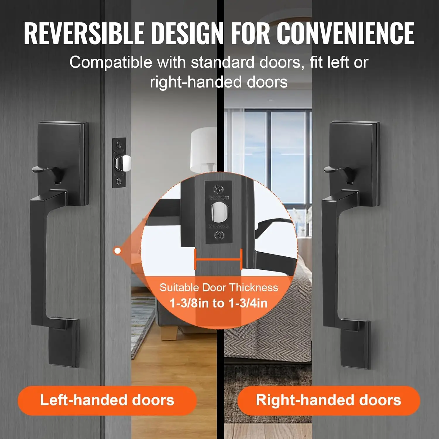 레버 도어 핸들이 포함된 매트 블랙 사각형 핸들 세트 잠금 장치 없음, 전면 도어 핸들, 조절 가능한 구멍 공간