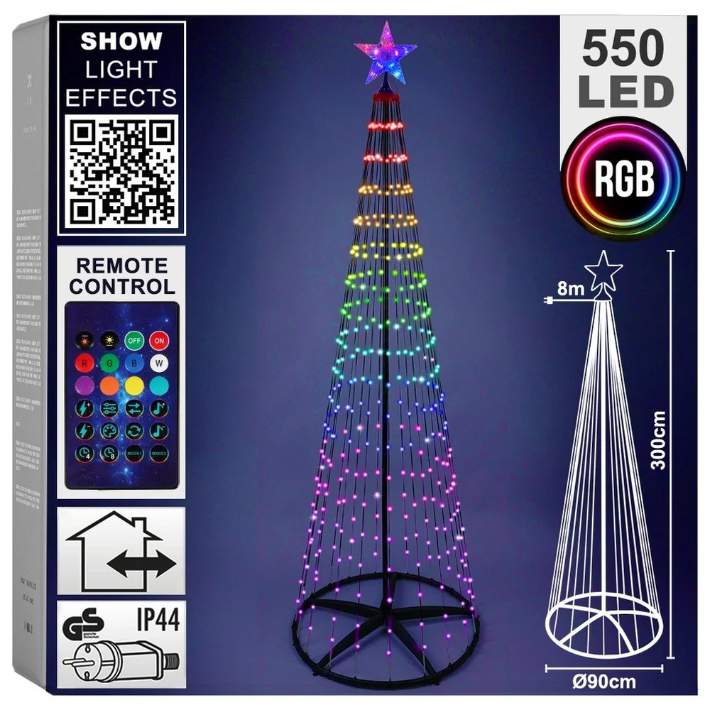 Kerstboom met 550 LED-lampjes, 300 cm hoog.