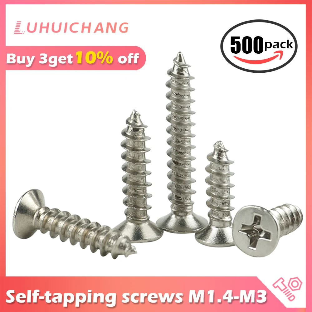 LUCHANG 500Pcs M1.4 M1.7 M2 M3 Nickeling Plating Cross Recessed Countersunk Flat Head Screws Self-tapping Wood Screws