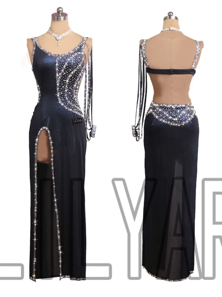 

New Belly Latin Dance Tassel Skirt Competition Navy Slim Fit Long Skirt Sexy Sparkling Diamond Women's Performance Suit