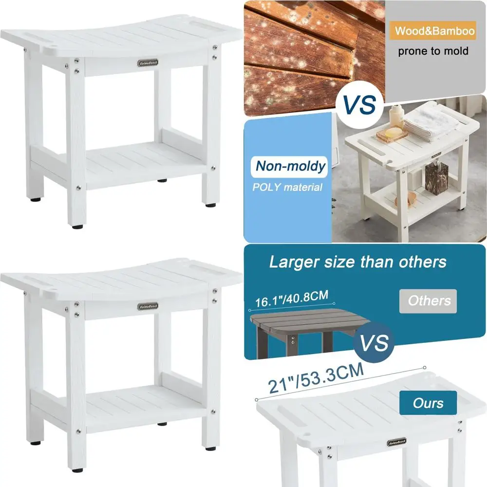 

Белая скамья для душа с ручкой и держателем насадки для душа, нескользящий пластиковый табурет для бритья ног, регулируемые ножки для использования в ванной комнате