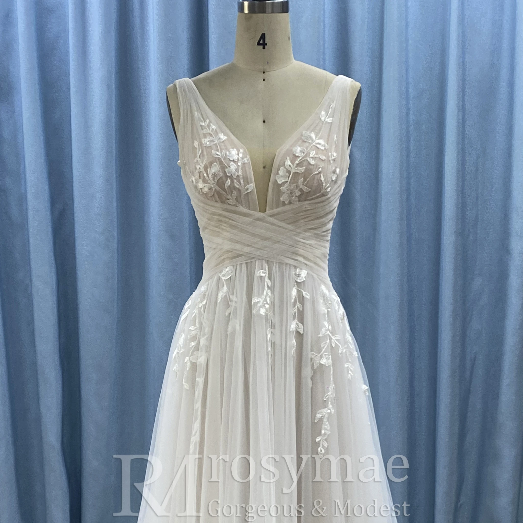 Rosymae Vestido de novia sexy con escote en V profundo y encaje de tul para mujer con camiseta sin mangas Vestido de novia elegante