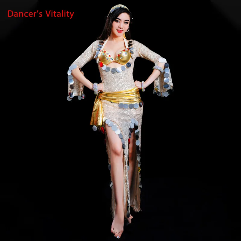 Oriental Dance Costume For Women Sexy Belly Dancing Skirt Professional Dancer Outfit Suit Gold Headdress Belt Dress 3peice S,M,L