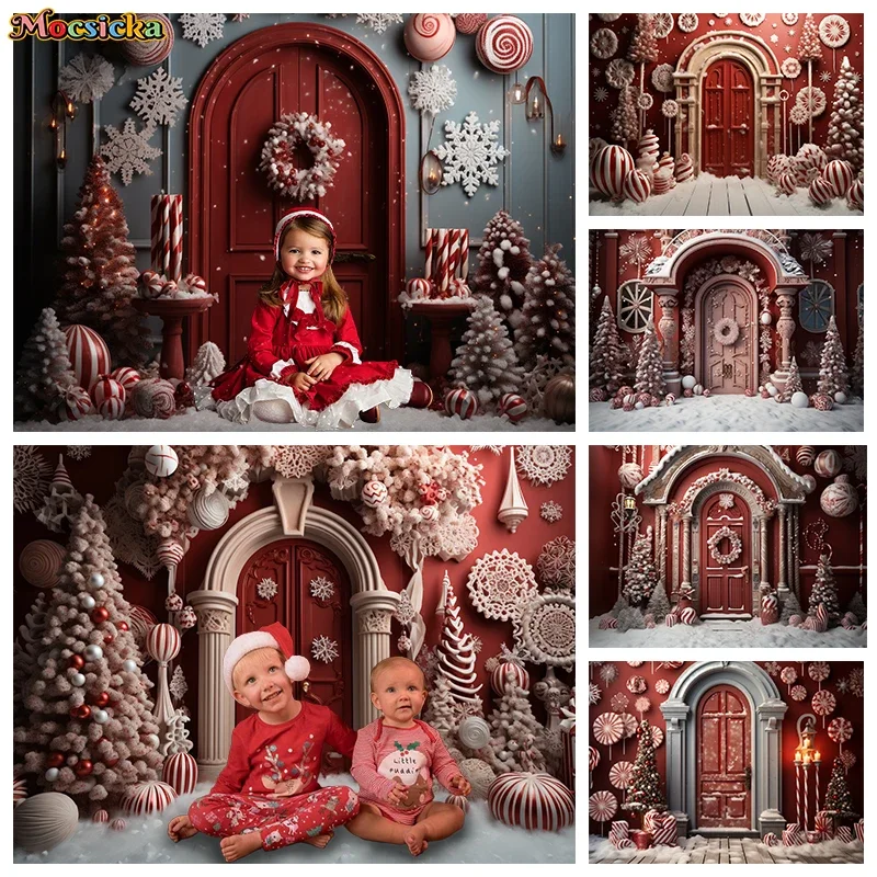 عيد الميلاد الباب الأحمر خلفية للتصوير الدعائم ندفة الثلج الحلوى الحلوى جدار شجرة فتاة صورة خلفية الديكور فوتوزون