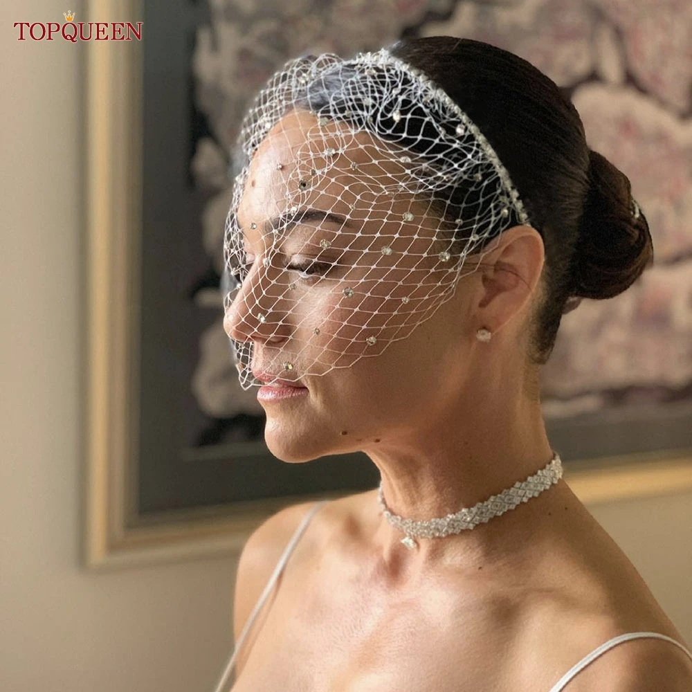 TOPQUEEN VA12 velo de malla para boda, velo de jaula para pájaros de varios estilos con diamantes de imitación, colorete desmontable, accesorios