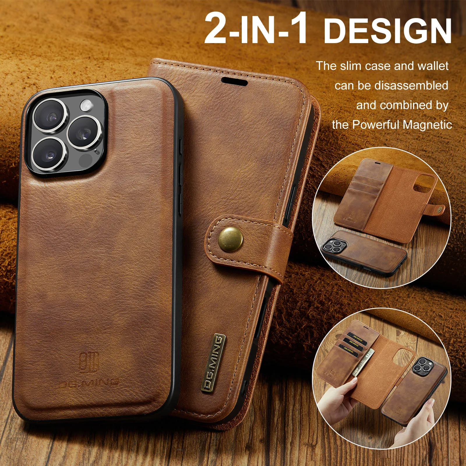 DG.Ming For iPhone 16 15 14 13 12 11 Pro Max Plus Mini Luxury 2-Folding Wallet Case Detachable Leather Magnetic Flip Cover Case