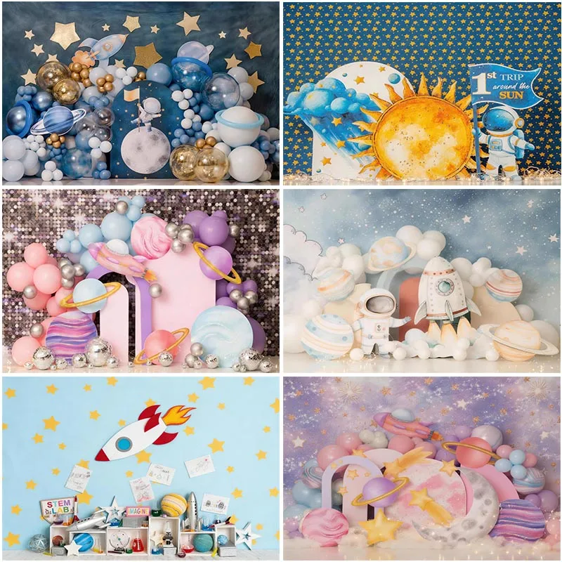 

LS Deep Blue Sky Backdrops Cake Smash Child Baby Photo Props Adult Kids Decors Star Astronauts Photography Studio Backgrounds