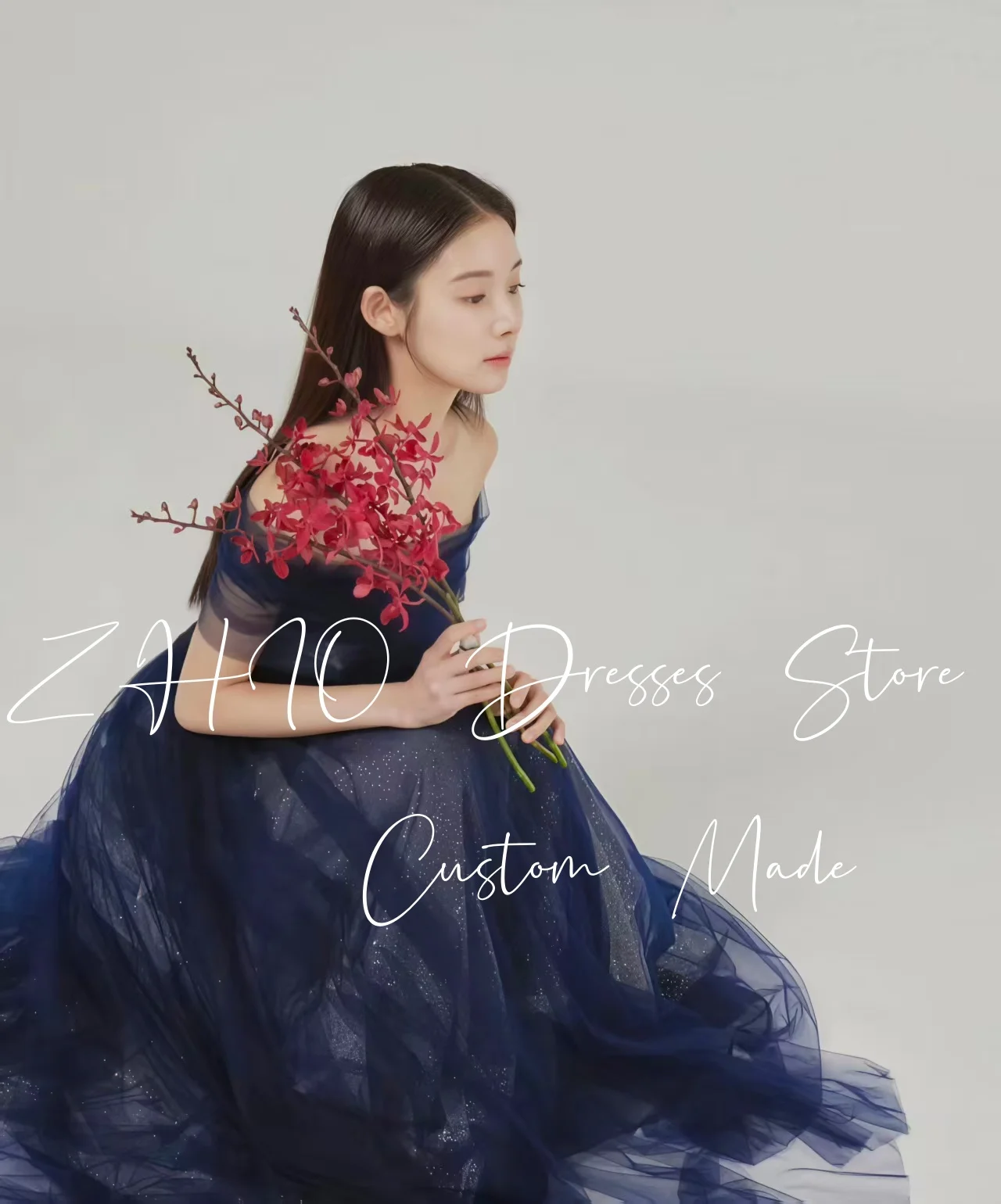 ZHIO لامعة الأزرق الداكن تول فستان حفلات الزفاف قبالة الكتف طول الأرض 2026 فستان سهرة كوريا تبادل لاطلاق النار فستان زفاف مخصص