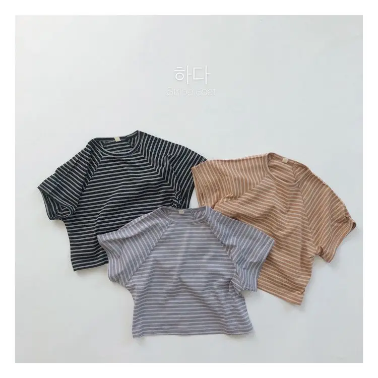 Children Striped T-shirt Summer Korean Short Sleeved Shoulder Insertion Lightweight Round Neck T-shirt for Boys and Girls Trendy