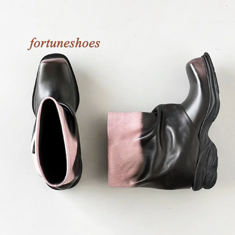 Square Toe Mid Calf Boots Slip On Patchwork Color 2024 Autumn/winter New Arrivals Women Boots Chunky Heel Fashion Casual Boots