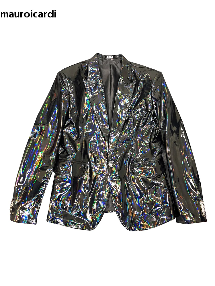 Mauroicardi Spring Autumn Cool Fitted Black Soft Shiny Reflective Patent Faux Leather Jacket Blazer Men Runway Fashion 2023