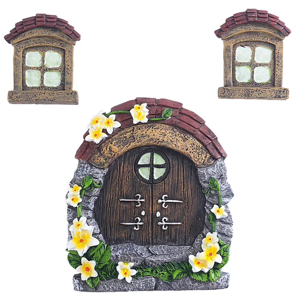 

1Set Resin Tree Decor Fairy Door and Windows Outdoor Resin Ornament Glow in Dark Yard Decor Garden Accessories Night Outdoor