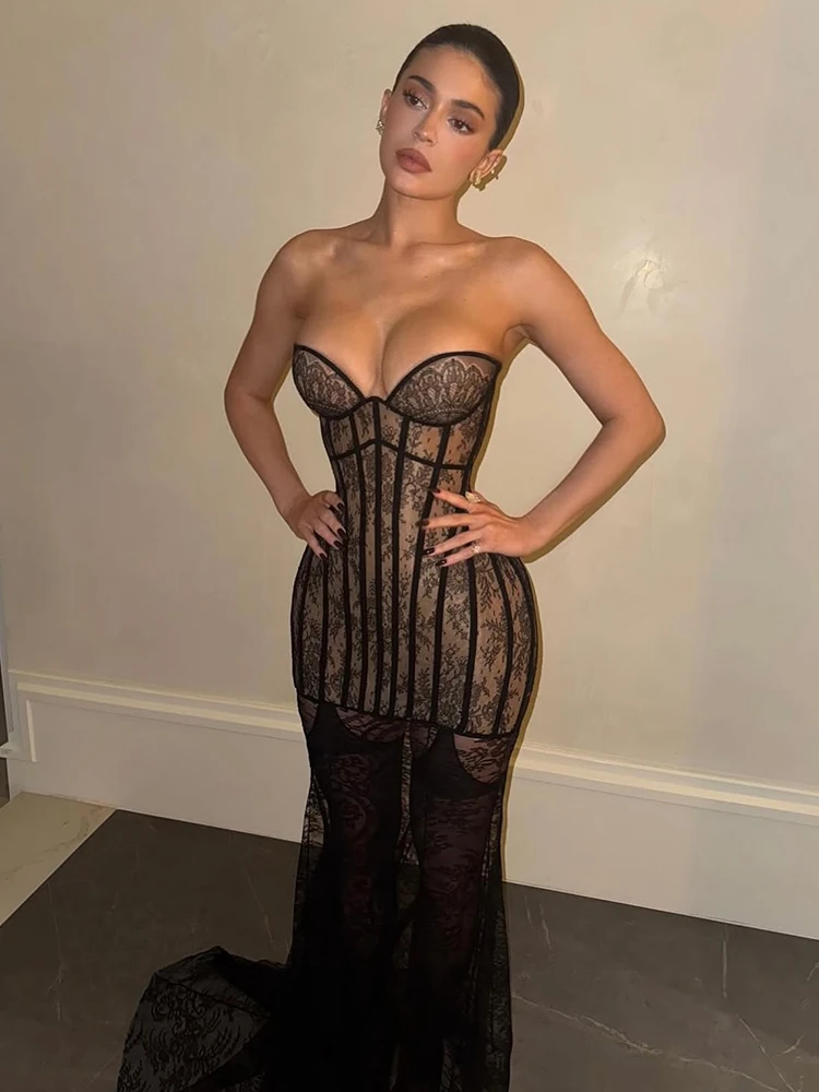 فستان حورية البحر الشبكي الشفاف بدون حمالات من الدانتيل الأسود الساحر للحفلات المسائية