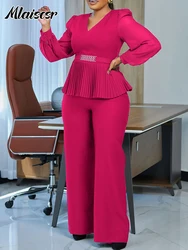 Mlaiscsr Elegant Long Sleeve V-neck Pleated Belt Top and Wide Leg Pant Matching 2 Piece Sets African Women Office Lady Outfits