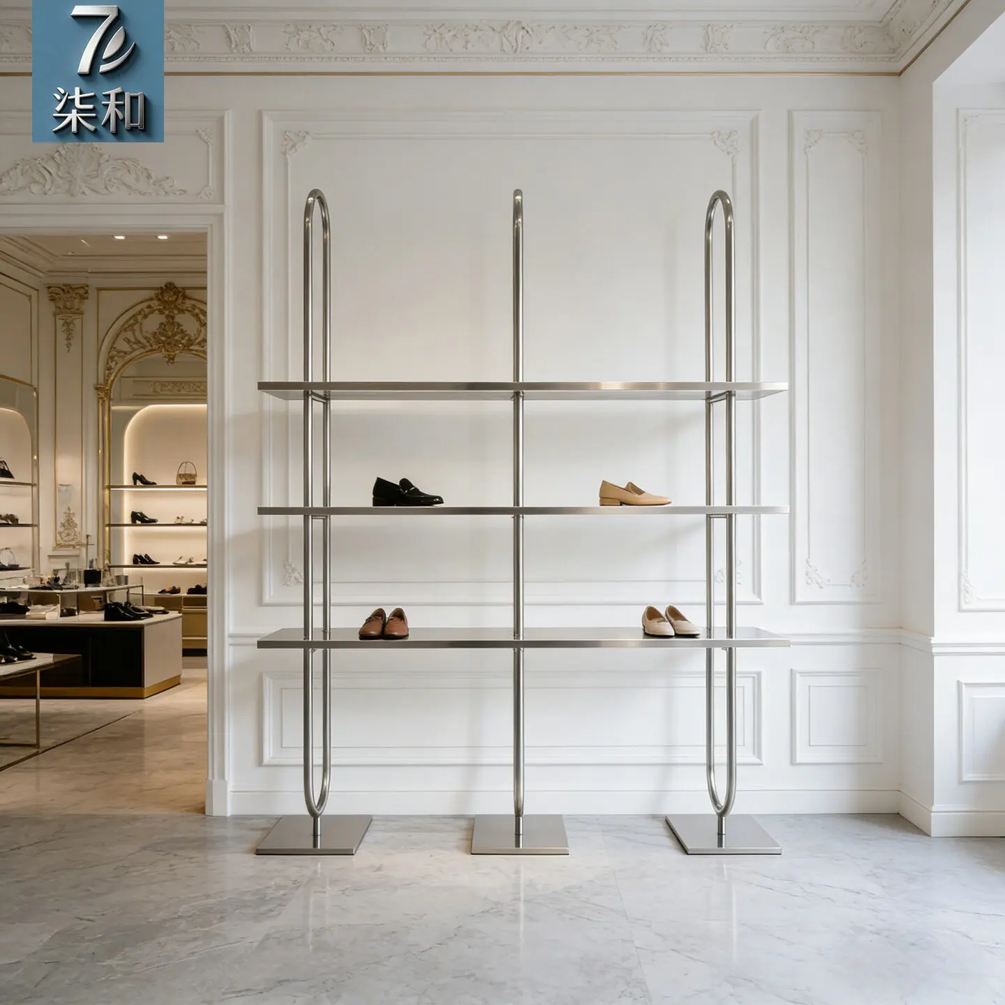 

Shoe store shoe rack display Floor-to-ceiling stainless steel display Clothing store shoe bag display