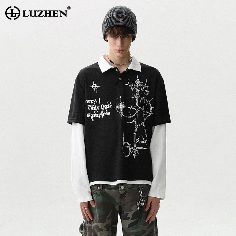 

LUZHEN Original Color Contrast Fake Two Piece Design Long Sleeve T-shirts Men's 2025 New Streetwear Printed Pattern Tops JY3631