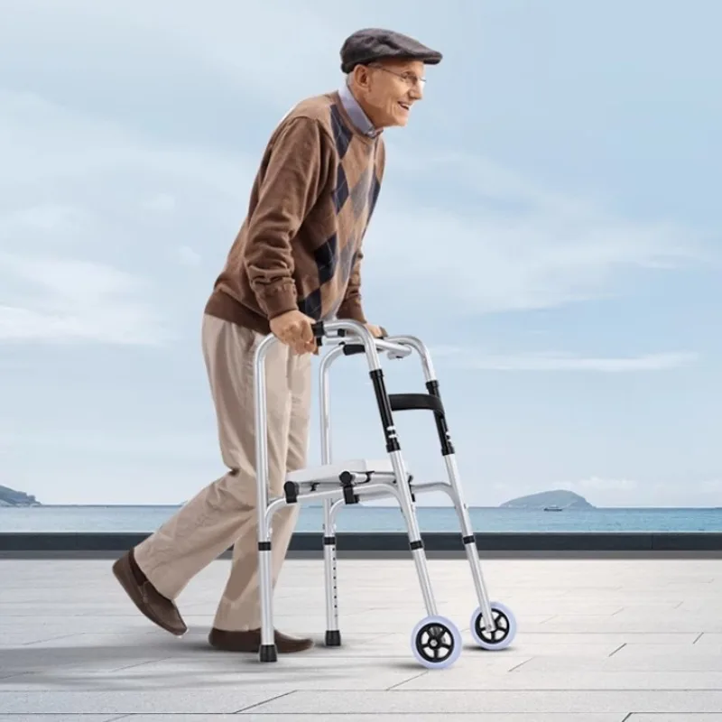 

Elderly Walking Aids Walker Aluminum Alloy Four-wheel Crutch Chair Foldable Retractable Power-assisted Handrail Frame for Senior