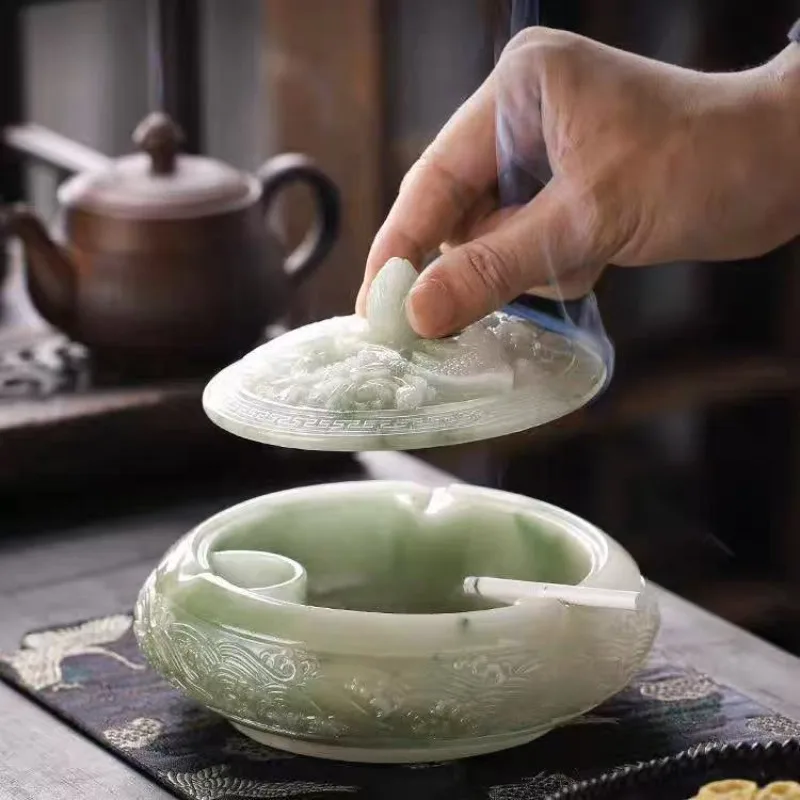 

1Pcs Chinese Relief Large Ashtray with Lid, Anti Fly Ash Creative Personalized Home Living Room Decoration