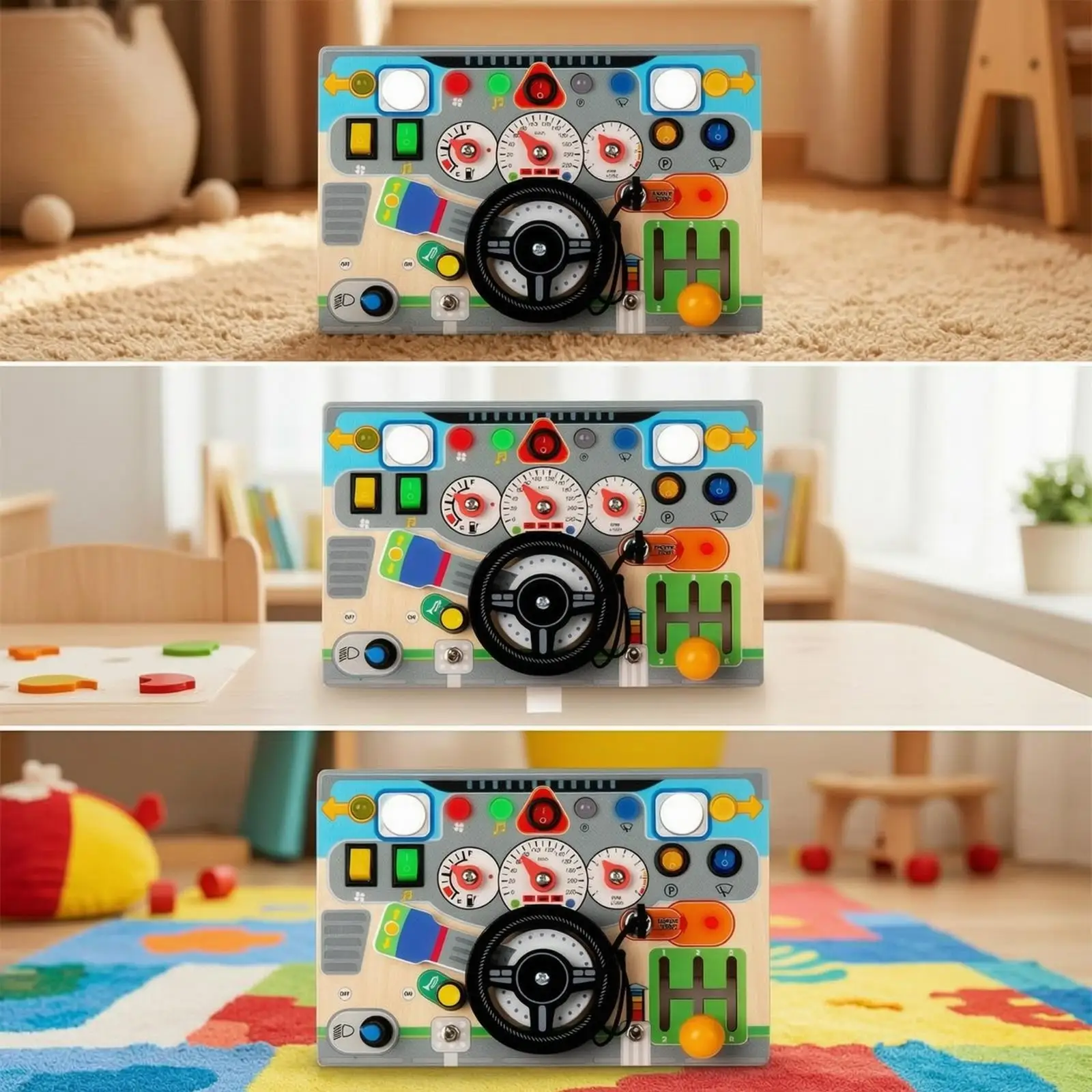 Wooden Sensory Busy Board for Toddlers Kids Educational Learning Toys with Steering Wheel and Interactive Components for Skill