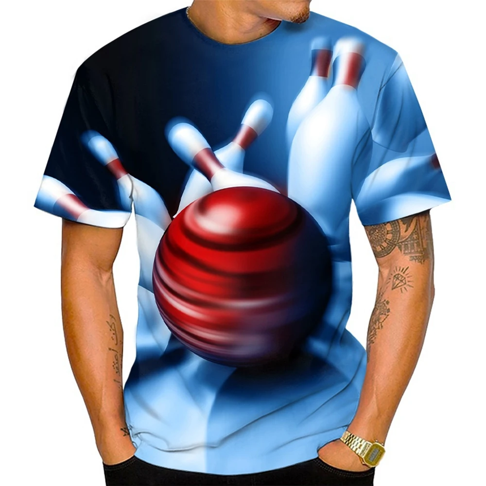 Summer fashion trend, fun and novel 3D printed bowling print pattern men\'s T-shirt casual neutral round neck comfortable top