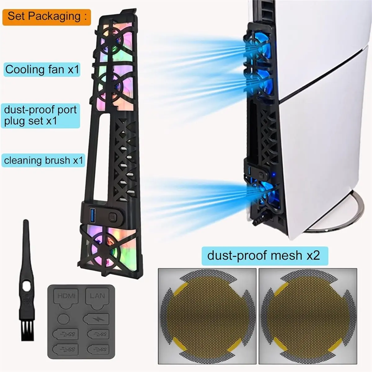 ABAN Cooling Fan Set Upgraded Quiet Cooler Fan with RGB LED Light for Slim/Pro Console Digital Vs Disc Edition Black