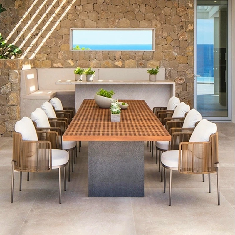 Villa courtyard dining table outdoor waterproof sunscreen rattan chair garden open-air high-end solid wood furniture